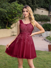 Short A-line Mini Tulle Formal Dress with Lace Appliques