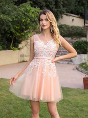Short A-line Mini Tulle Formal Dress with Lace Appliques