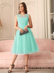 Short A Line Sleeveless Crew Neck Tulle Lace Formal Dress