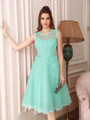 Short A Line Sleeveless Crew Neck Tulle Lace Formal Dress