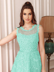 Short A Line Sleeveless Crew Neck Tulle Lace Formal Dress