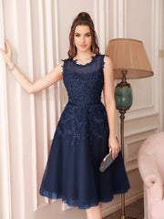 Short A Line Sleeveless Crew Neck Tulle Lace Formal Dress