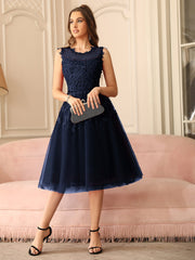 Short A Line Sleeveless Crew Neck Tulle Lace Formal Dress