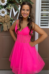 Short A-Line V-Neck Hot Pink Tulle Homecoming Dress