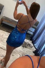 Short Blue Sequined Homecoming Dress
