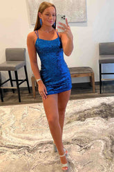 Short Blue Sequined Homecoming Dress