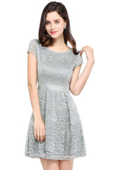 Short Cap Sleeves Formal Dress Round Neck Lace A line Bridesmaid Dress