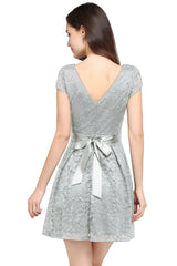 Short Cap Sleeves Formal Dress Round Neck Lace A line Bridesmaid Dress