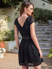 Short Cap Sleeves Formal Dress Round Neck Lace A line Bridesmaid Dress