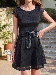 Short Cap Sleeves Formal Dress Round Neck Lace A line Bridesmaid Dress