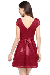 Short Cap Sleeves Formal Dress Round Neck Lace A line Bridesmaid Dress