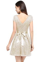 Short Cap Sleeves Formal Dress Round Neck Lace A line Bridesmaid Dress