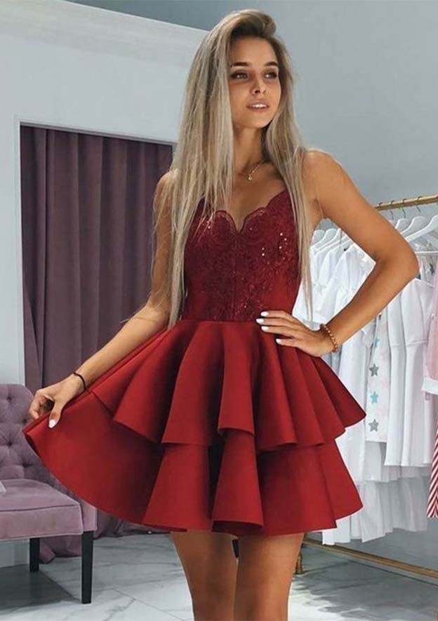 Princess V Neck Satin Homecoming Dress with Appliqued Beading - Babyonlines