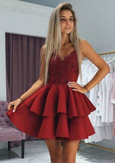 Princess V Neck Satin Homecoming Dress with Appliqued Beading - Babyonlines