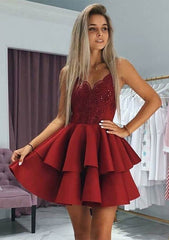 Princess V Neck Satin Homecoming Dress with Appliqued Beading - Babyonlines