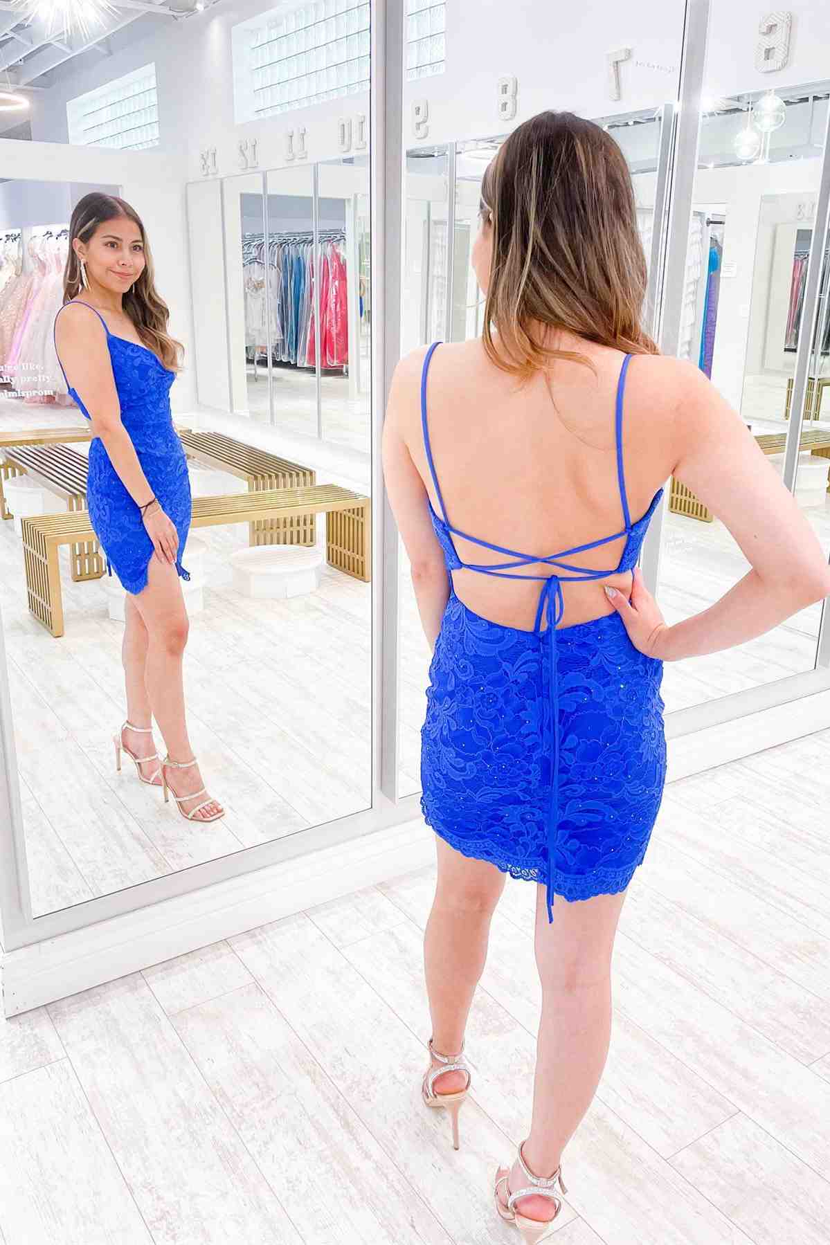 Short Royal Blue Lace Tight Homecoming Dress