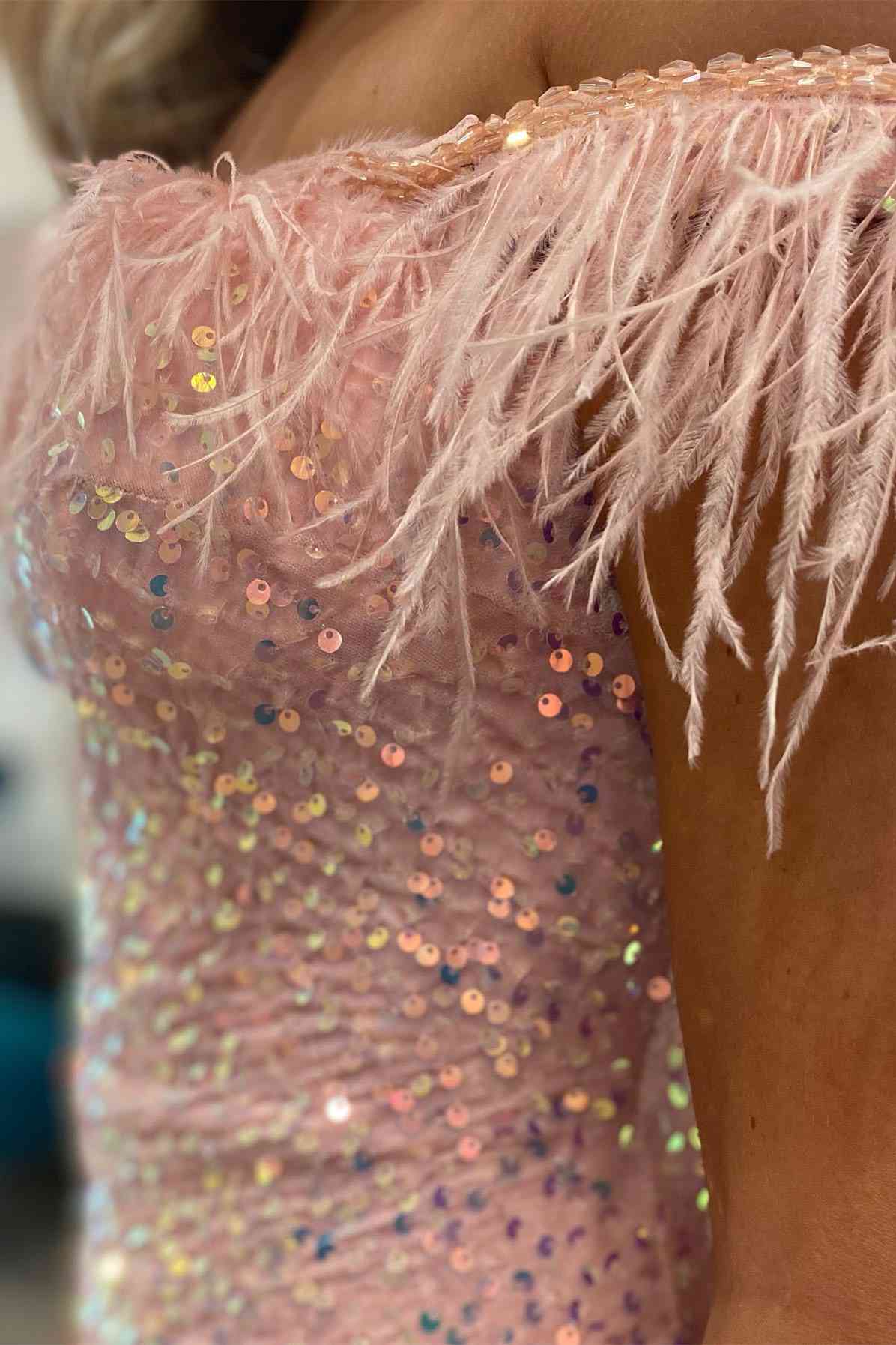 Short Sequin Off the Shoulder Pink Feather Bodycon Homecoming Dress