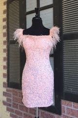 Short Sequin Off the Shoulder Pink Feather Bodycon Homecoming Dress