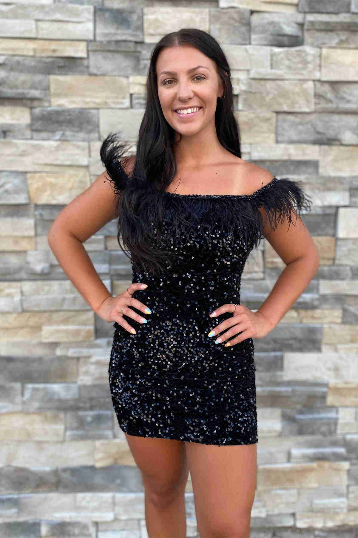 Short Sequin Off the Shoulder Pink Feather Bodycon Homecoming Dress