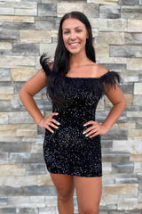 Short Sequin Off the Shoulder Pink Feather Bodycon Homecoming Dress