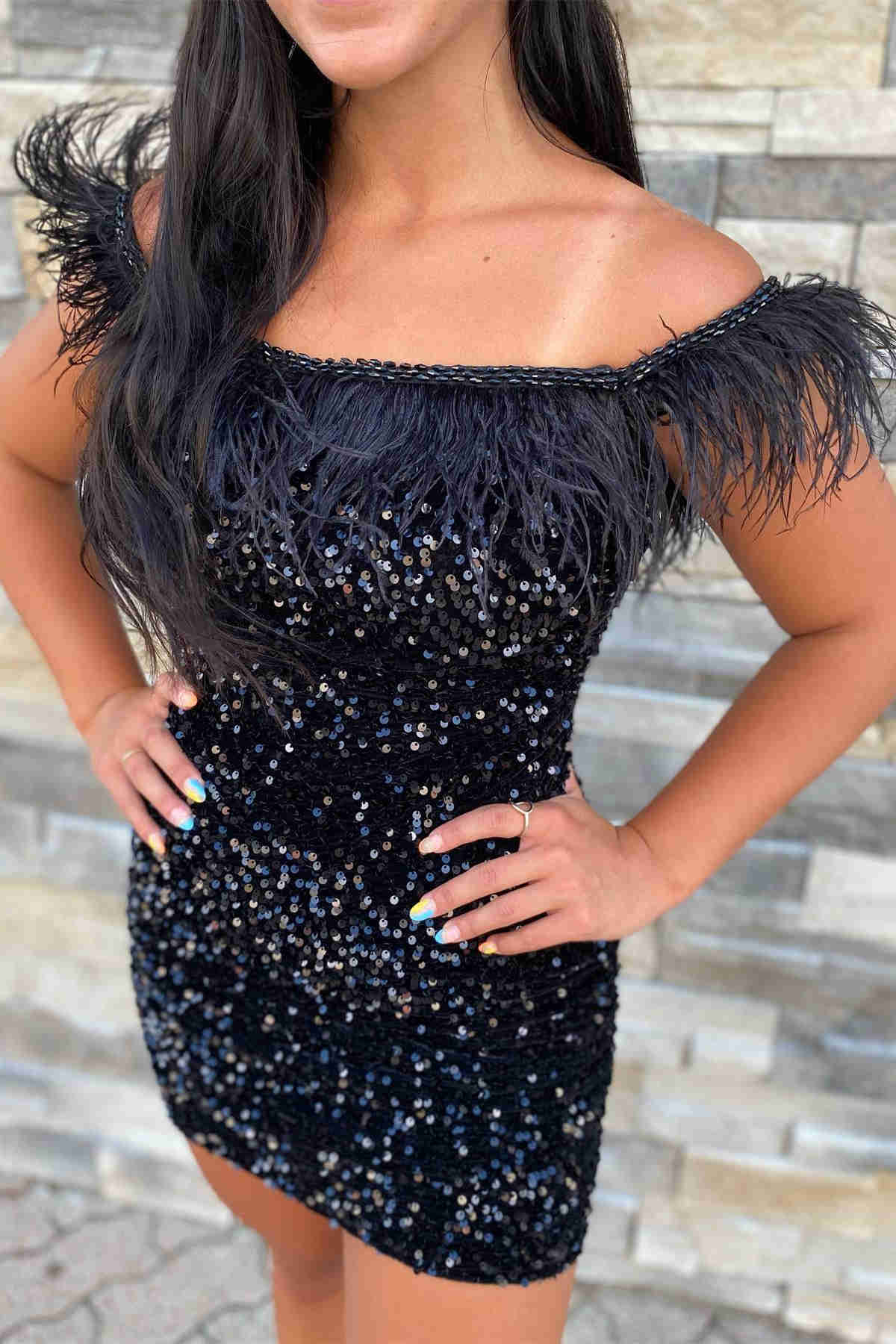 Short Sequin Off the Shoulder Pink Feather Bodycon Homecoming Dress