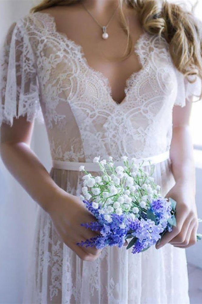 Short Sleeve Lace Boho Wedding Dress