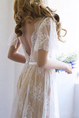 Short Sleeve Lace Boho Wedding Dress