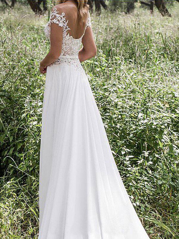 Short Sleeve Lace Wedding Dress with Slit