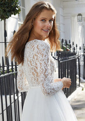 Short Sleeves A-line Jewel Tulle Wedding Dress With Lace