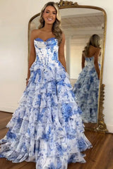Babyonlines Strapless silk chiffon corset prom dress with blue floral details - front view
