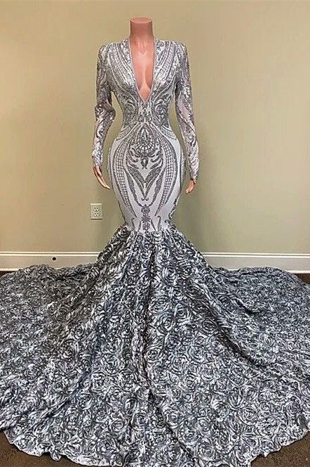 V Neck Long Sleeve Mermaid Long Prom Dress with Sequins Flowers