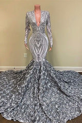 V Neck Long Sleeve Mermaid Long Prom Dress with Sequins Flowers