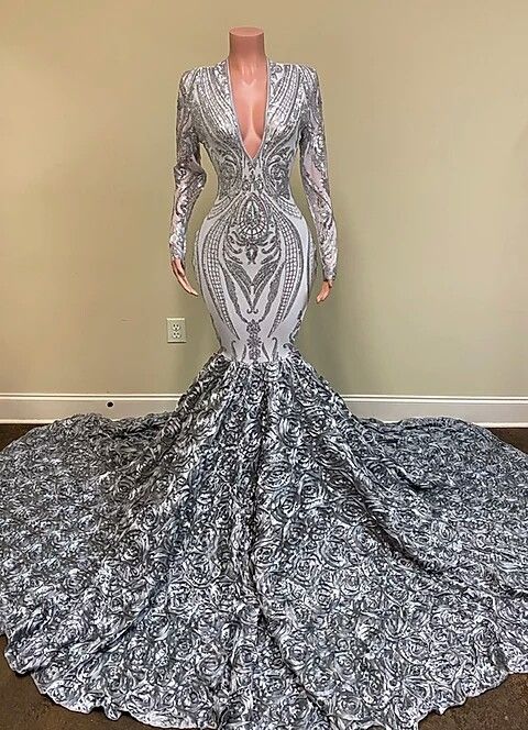V Neck Long Sleeve Mermaid Long Prom Dress with Sequins Flowers