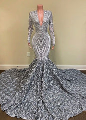 V Neck Long Sleeve Mermaid Long Prom Dress with Sequins Flowers
