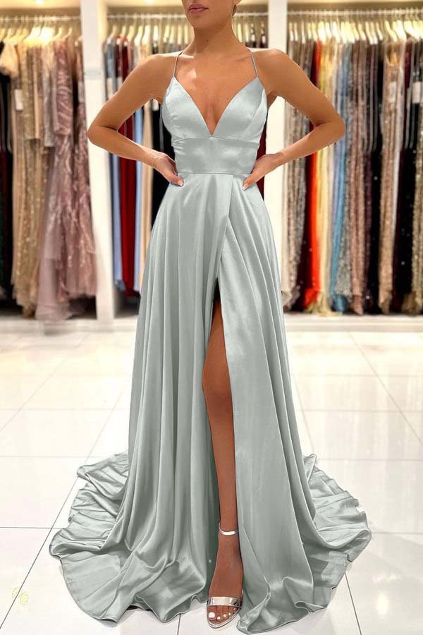 Simple Spaghetti Strap A-Line Long Prom Dress with Split Open Back