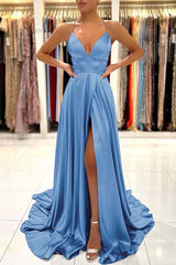 Simple Spaghetti Strap A-Line Long Prom Dress with Split Open Back