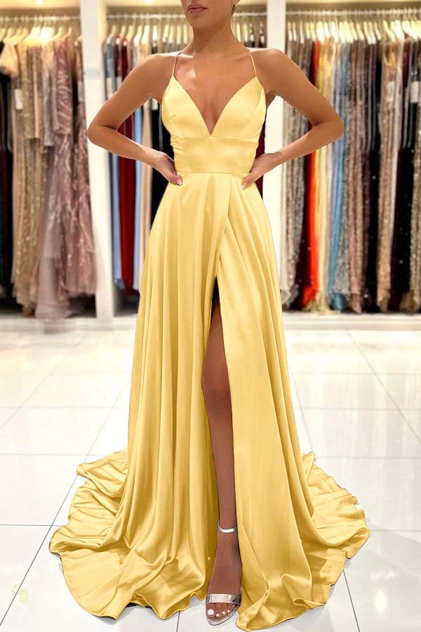 Simple Spaghetti Strap A-Line Long Prom Dress with Split Open Back