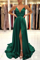 Simple Spaghetti Strap A-Line Long Prom Dress with Split Open Back