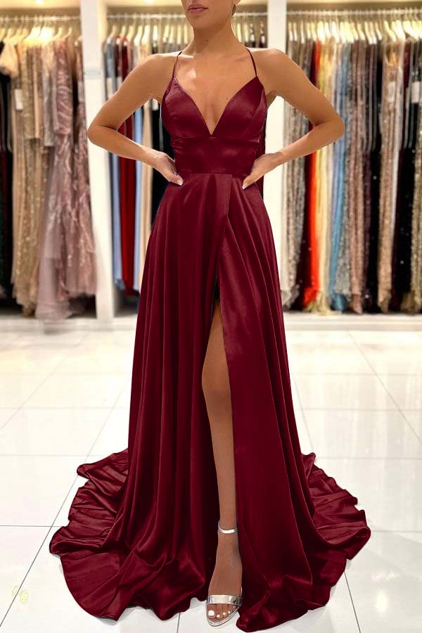 Simple Spaghetti Strap A-Line Long Prom Dress with Split Open Back
