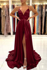 Simple Spaghetti Strap A-Line Long Prom Dress with Split Open Back