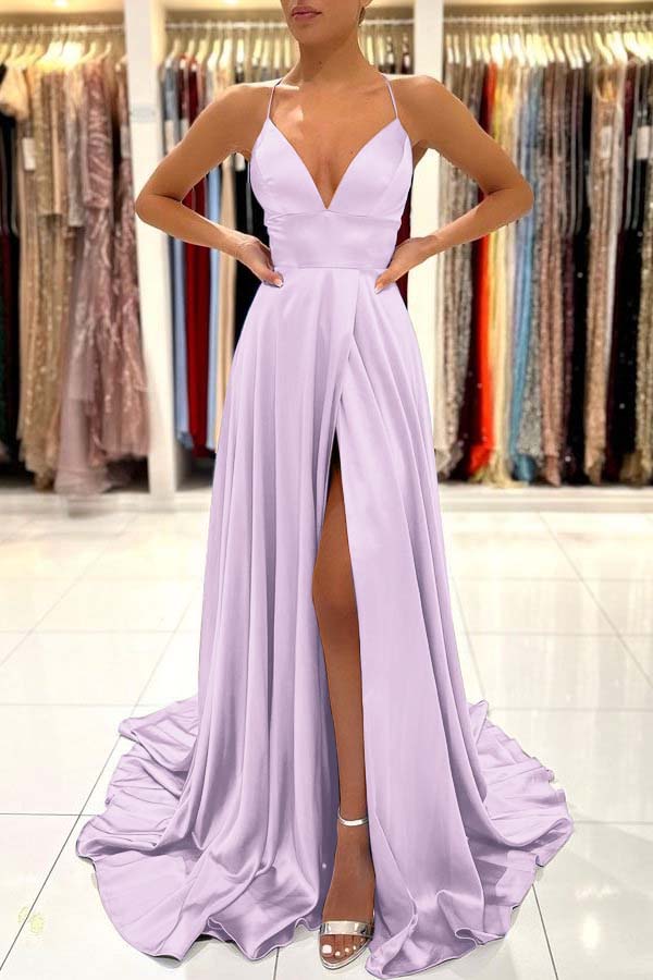 Simple Spaghetti Strap A-Line Long Prom Dress with Split Open Back