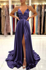 Simple Spaghetti Strap A-Line Long Prom Dress with Split Open Back