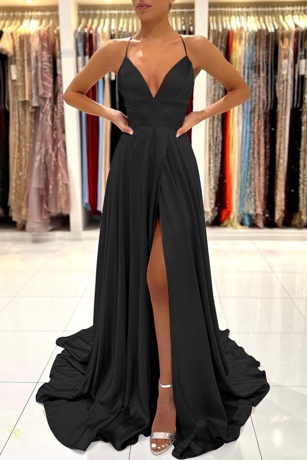 Simple Spaghetti Strap A-Line Long Prom Dress with Split Open Back