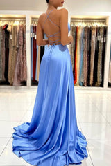 Simple Spaghetti Strap A-Line Long Prom Dress with Split Open Back