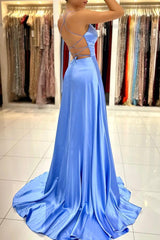 Simple Spaghetti Strap A-Line Long Prom Dress with Split Open Back