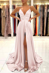 Simple Spaghetti Strap A-Line Long Prom Dress with Split Open Back