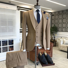 Simple Brown Three-Piece Wedding Suit with Peaked Lapel