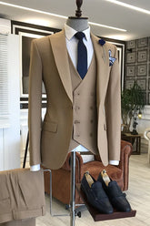 Simple Brown Three-Piece Wedding Suit with Peaked Lapel