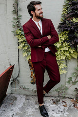 Simple Burgundy Reception Suit with Peaked Lapel for Groom