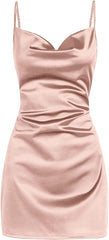Simple Cowl Neck Champagne Satin Homecoming Dress